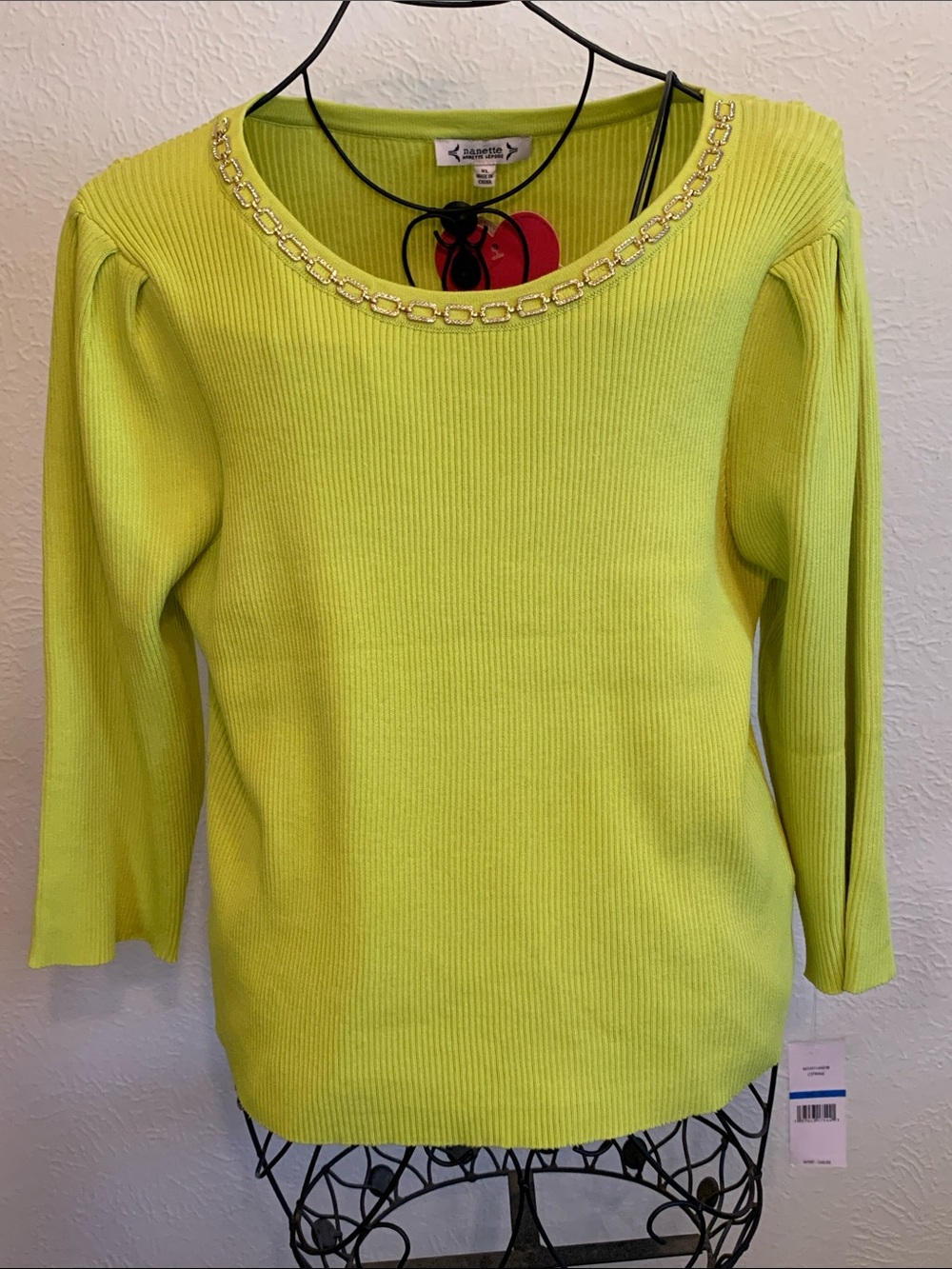 Kasper Neon Lime Chain-Trim Crewneck Sweater